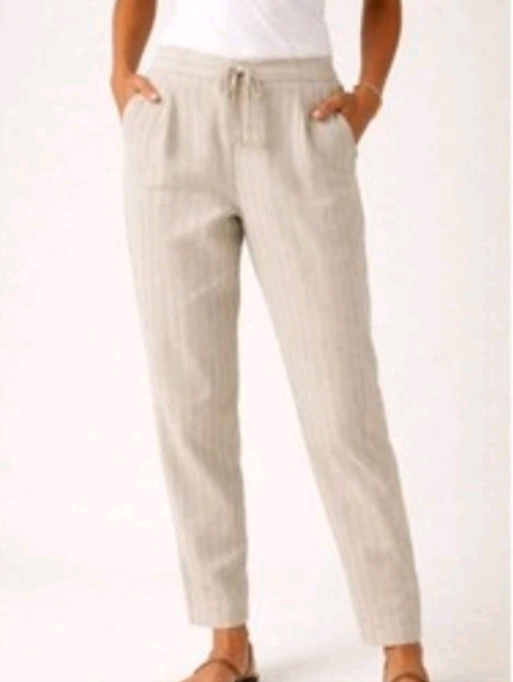 Straight Leg Linen Blend Pants Tan/White Stripe  Women's Sz M Lightweight Comfy